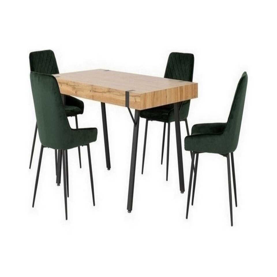 image 1 of Treviso Dining Set with Avery Chairs - Light Oak Effect/Black/Emerald Green Velvet Multi