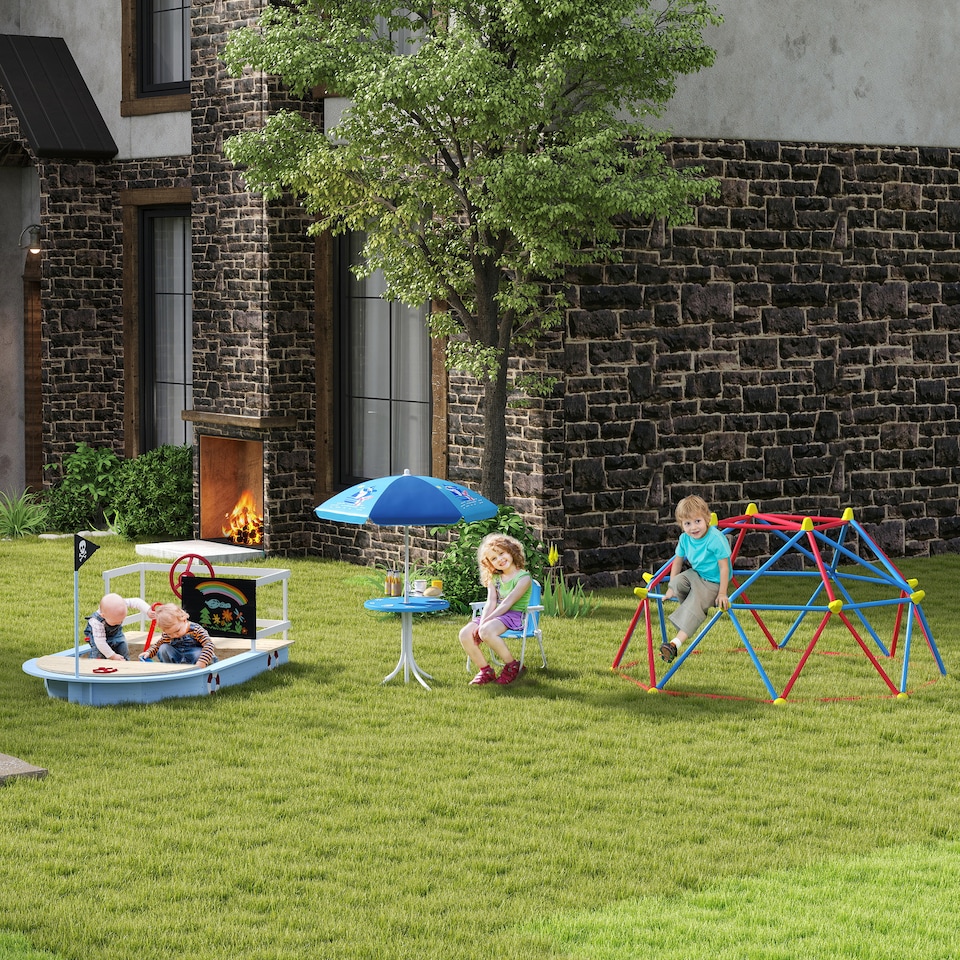 image 1 of Outsunny Kids Foldable Four-Piece Garden Set w Table, Chairs, Umbrella - Blue