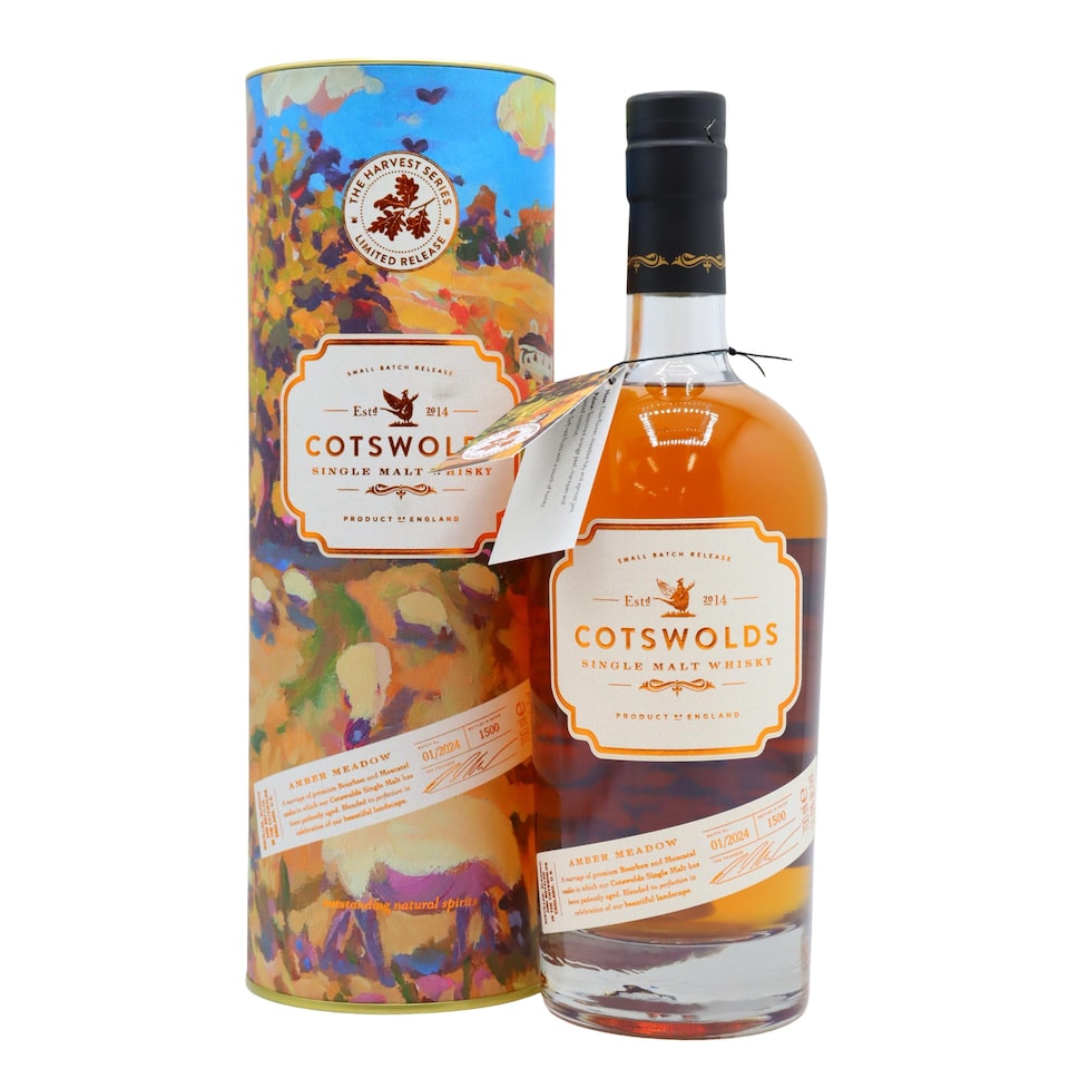 image 1 of Cotswolds - Harvest Series Amber Meadow English Single Malt Whisky | Multi | New | Light, fruity and irresistible qualities of the Cotswolds spirit. Crafted using the finest Moscatel casks and complemented by premium ex-Bourbon casks, it delivers a harmonious blend of fruitiness, vanilla, and a subtle hint of peat. | 1