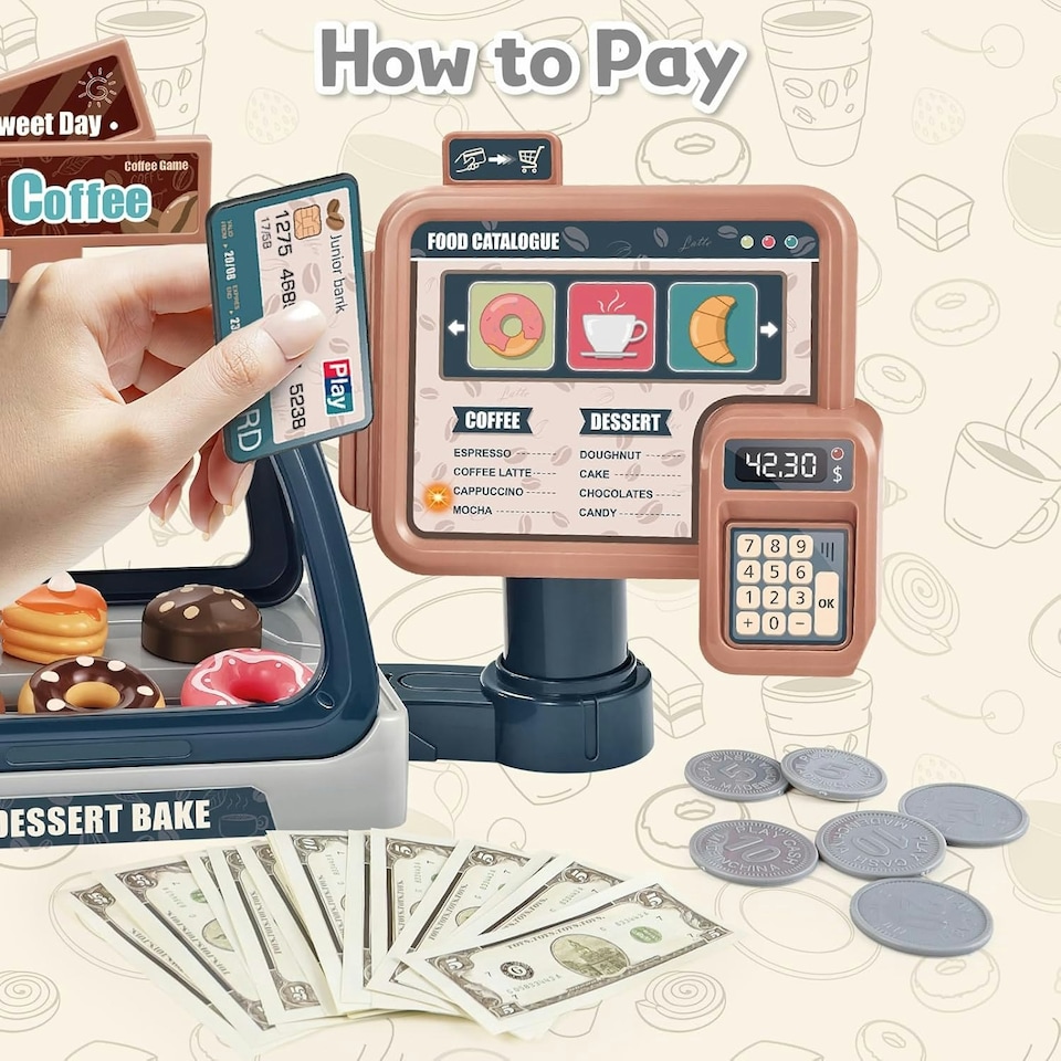 image 1 of Pretend Kitchen Coffee Playset with Cash Register, Coffee Maker & Accessories - Toddler Role Play Toy for Kids 3 plus