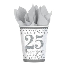 Sparkling Silver Anniversary Paper Cups 266ml - Pack of 8
