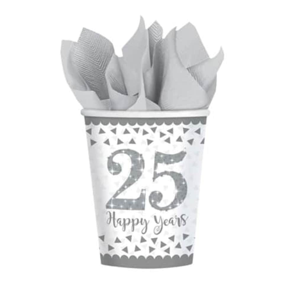 Sparkling Silver Anniversary Paper Cups 266ml - Pack of 8