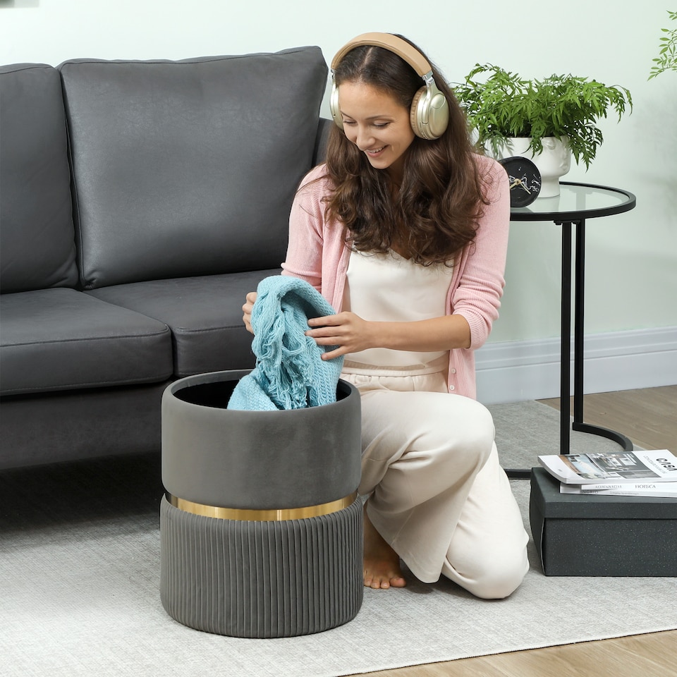 image 1 of HOMCOM Round Pouffe Storage Footstool with Cushioned Top Hidden Space Grey