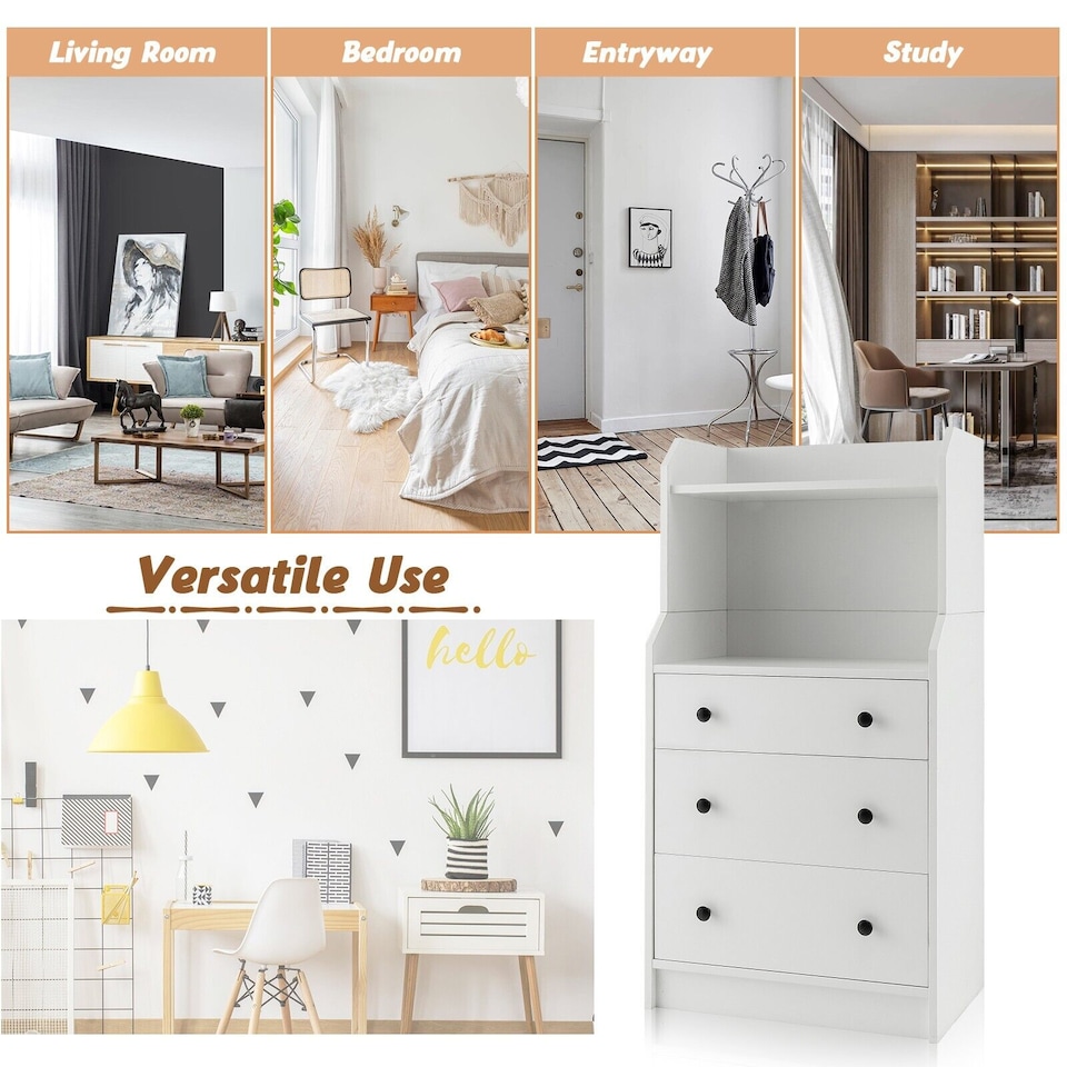 image 1 of COSTWAY 3 Drawer Dresser Utility Storage Organizer Modern Chest of Drawers with Shelves