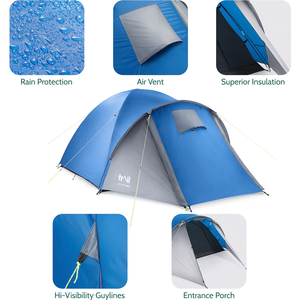 image 1 of Bracken 3 Man Tent With Porch Waterproof at 3000mm HH Camping Festival Trail | Blue | 1