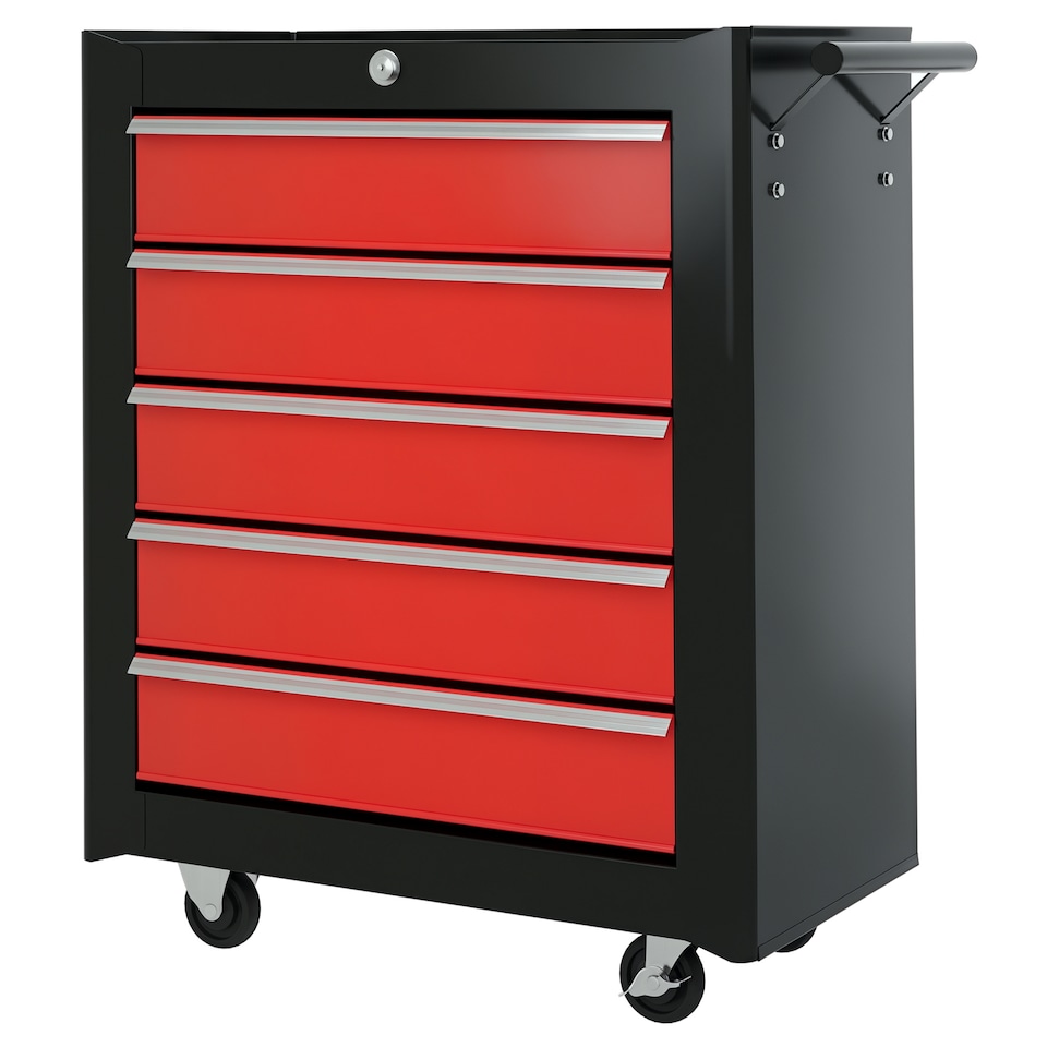 image 1 of HOMCOM Steel 5-Drawer Tool Storage Cabinet Lockable with Wheels Handle 2 Keys Garage Equipment Trolley Home Work DIY Workshop Chest Red | Red | Black | 1