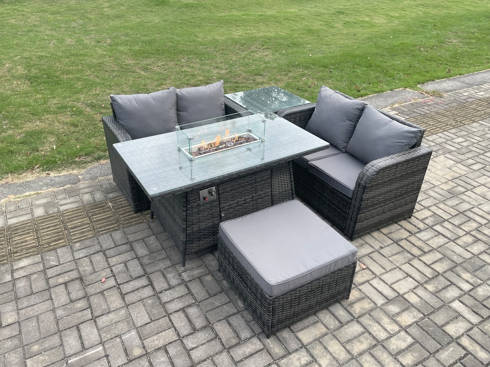 image 1 of Fimous Rattan Garden Furniture Set with Gas Fire Pit Table 5 Pieces Outdoor Loveseat Sofa Set Dark Grey Mixed