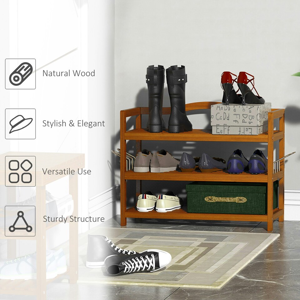 image 1 of HOMCOM 3-Tier Shoe Rack Acacia Wood Shoe Storage Shelf for Entryway Bedroom Teak