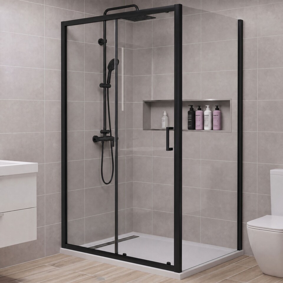 image 1 of Balterley Toughened Safety Glass Reversible Sliding Shower Door | Black | Matt Black | 1
