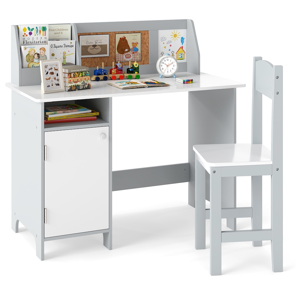 image 1 of COSTWAY Kids Table and Chair Set Children Study Table With  Hutch-Grey