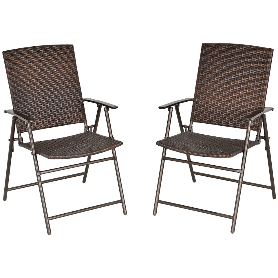 image 1 of Outsunny Folding Garden Chairs Set of 2, PE Rattan Garden Dining Chairs with Armrests, High Back and Steel Frame, Weather Resistant Outdoor Dining Furniture for Patio, Balcony, Brown