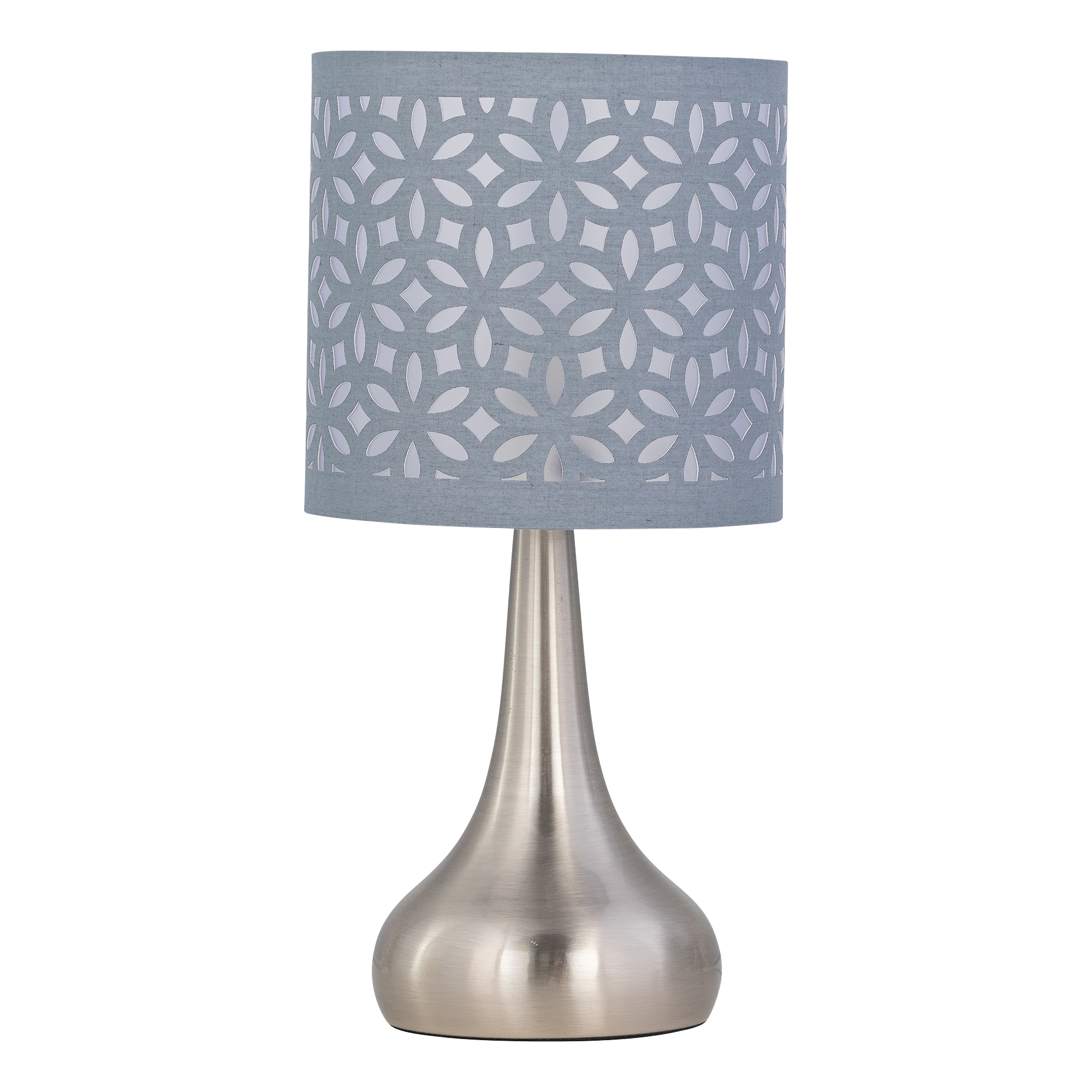 Romana - Brushed Chrome Touch Table Lamp with Grey Laser Cut Shade Chrome Satin nickel plate and grey cut out cotton 1