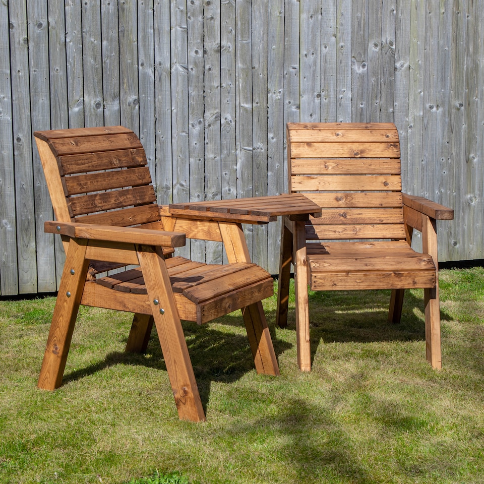 image 1 of Hand Made 2 Seater Chunky Rustic Wooden Garden Furniture Love Seat with Tray Assembled
