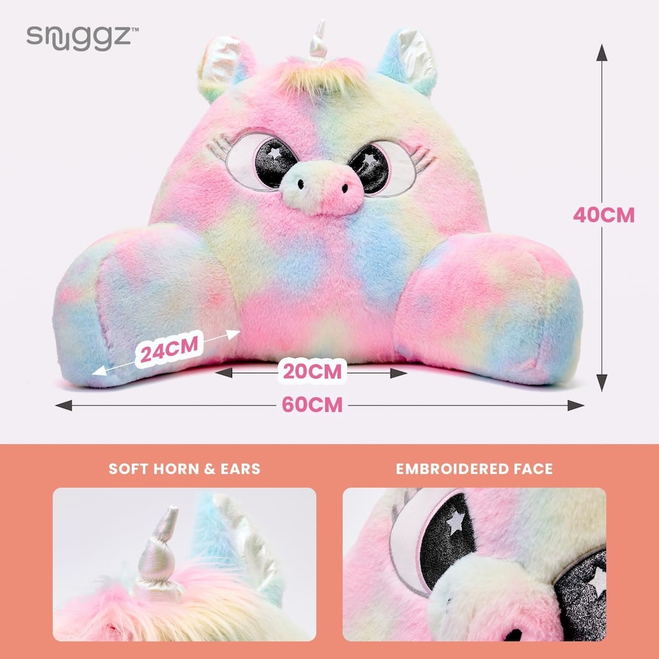 image 1 of Snuggz Unicorn Cuddle Cushion Reading Pillow with Carry Handle 3D Novelty Design Back Support Soft Cosy Bed Pillow - 60 x 40 x 35 cm
