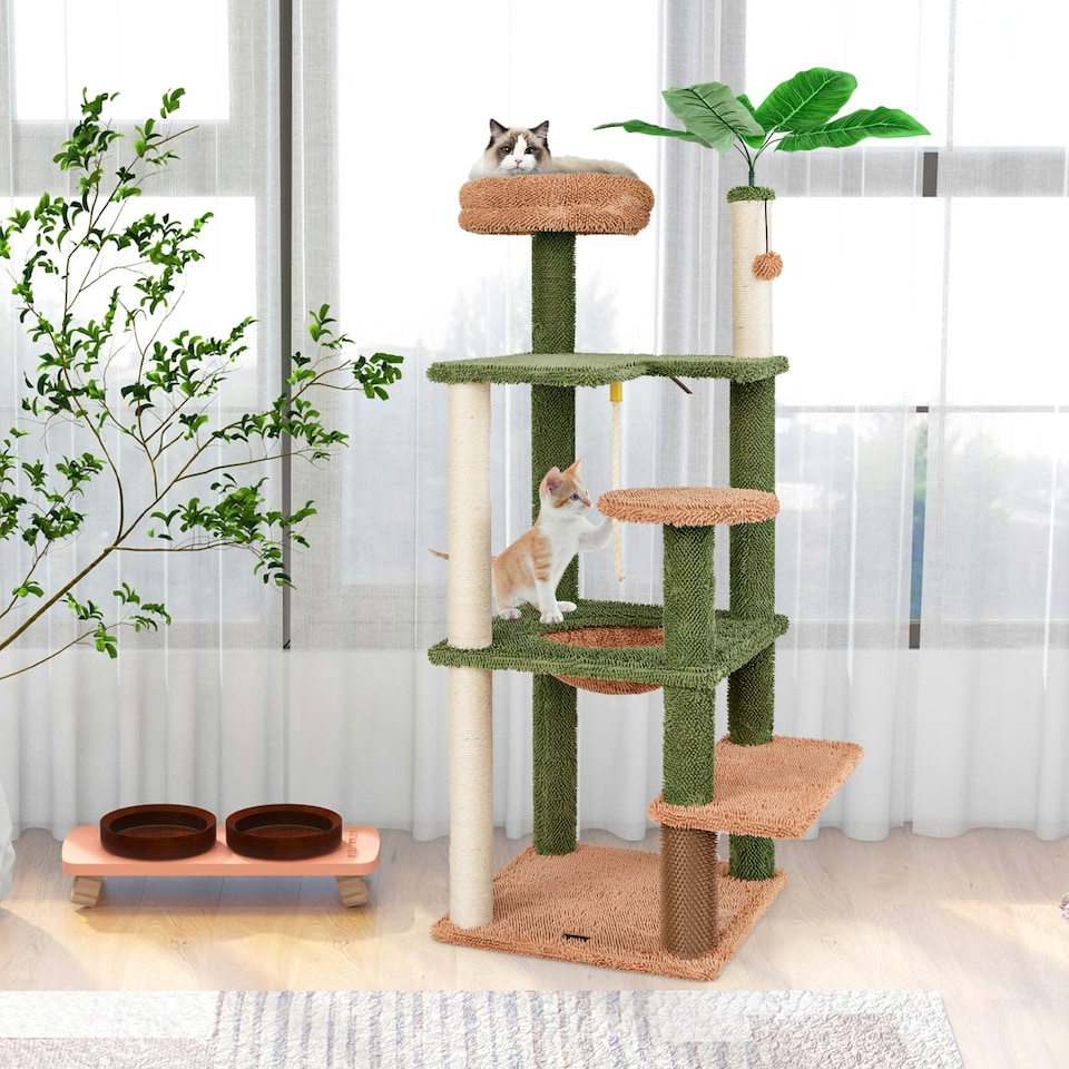 image 1 of COSTWAY 152cm Cat Tree Multi-level Large Cat Tower w/ Rope