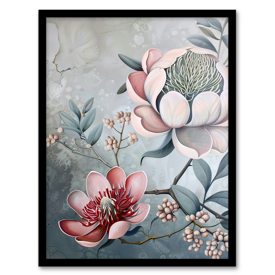 image 1 of Exotic Audubon Style Delicate Lotus Flowers Black Framed Wall Art Print A4