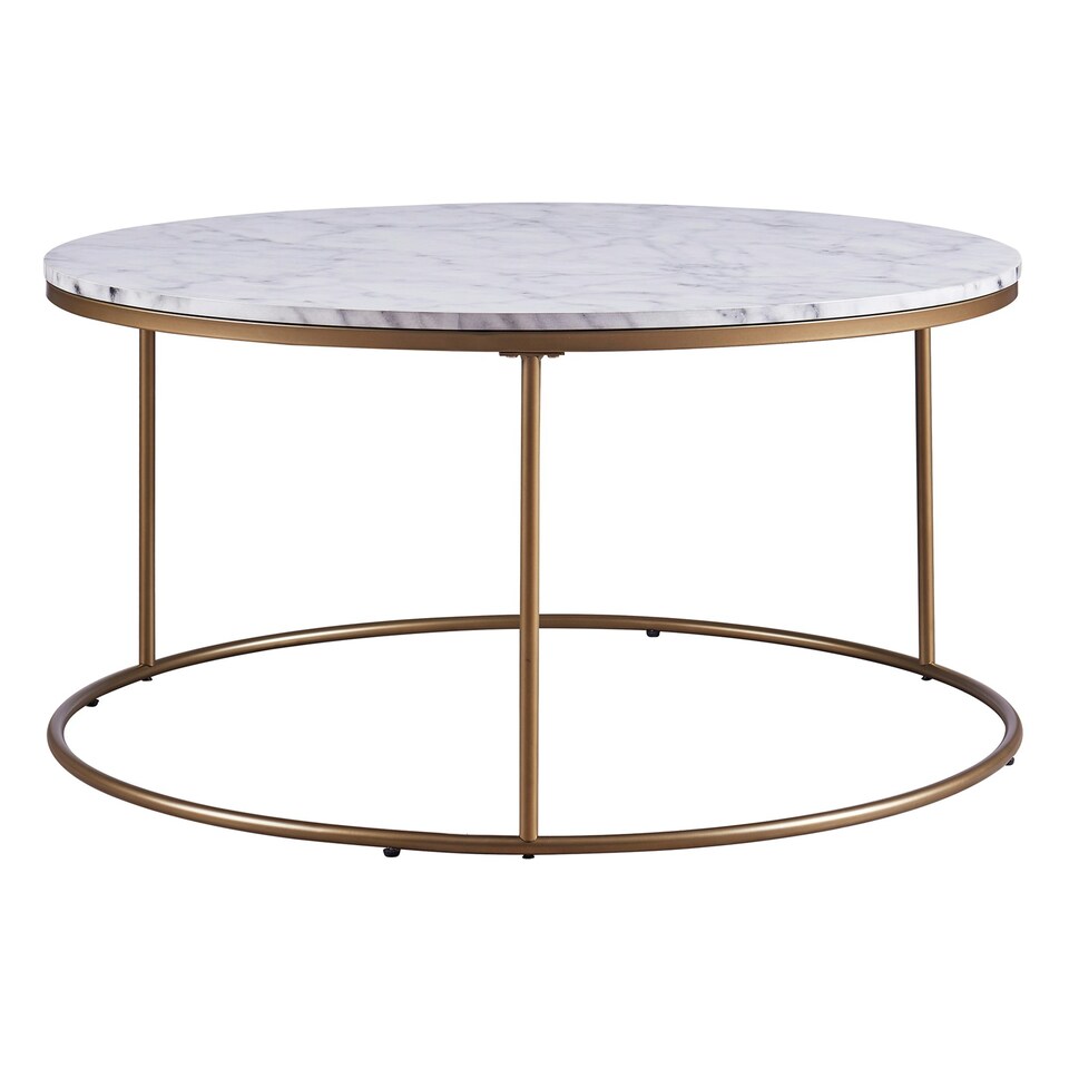 image 1 of Teamson Home Marmo Large Round Coffee Table, Marble Side Table, Modern Sofa End Table for Living Room, Bedroom or Lounge, White/Brass