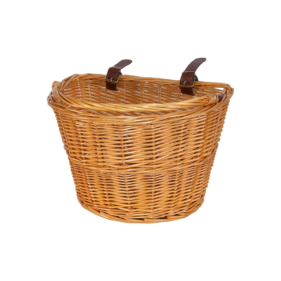 image 1 of Wickerfield Natural Wicker Bicycle Handlebar Basket with Faux Leather Straps, Front Bike Shopping Basket (Honey/Brown)