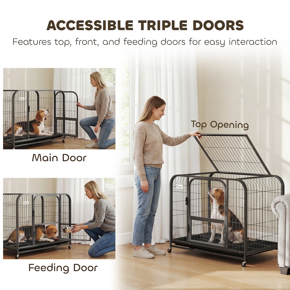 image 1 of PawHut Heavy Duty Dog Crate, Large Dog Cage with Wheels and Tray