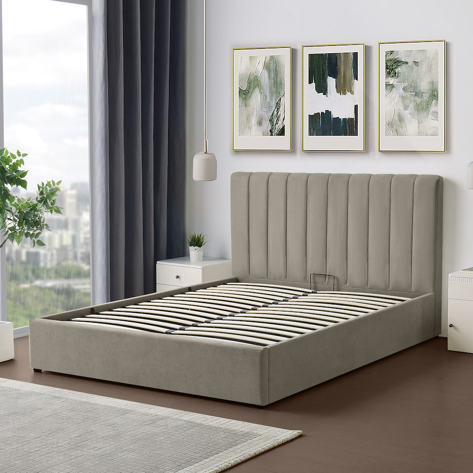 image 1 of Evelynne Fabric 150cm Kingsize Ottoman Bed Frame with Storage - Light Brown