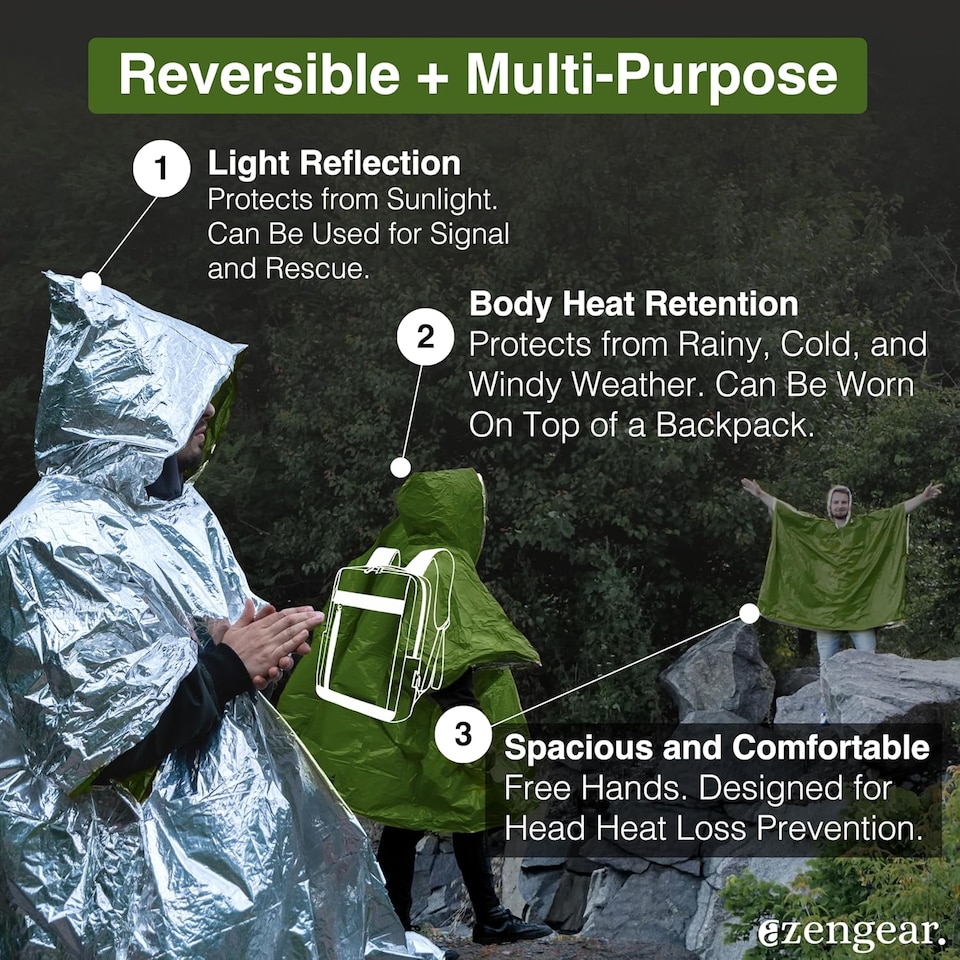 image 1 of aZengear Emergency Survival Poncho (4pc) Thermal Mylar Foil Coating Blanket for Heat Retention and Rain, Waterproof (Green)