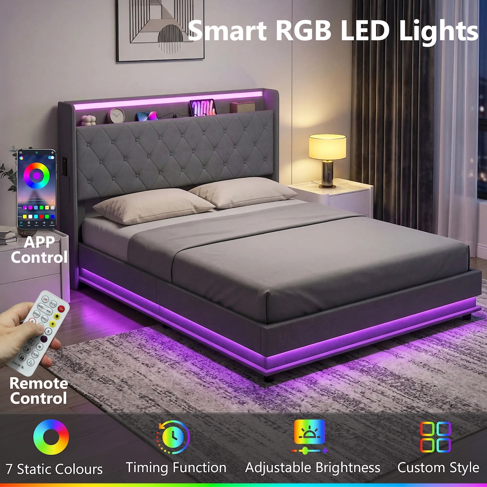 image 1 of HOMCOM Lift up Storage Bed Frame with RGB LED Lights, 150 x 200cm, Dark Grey
