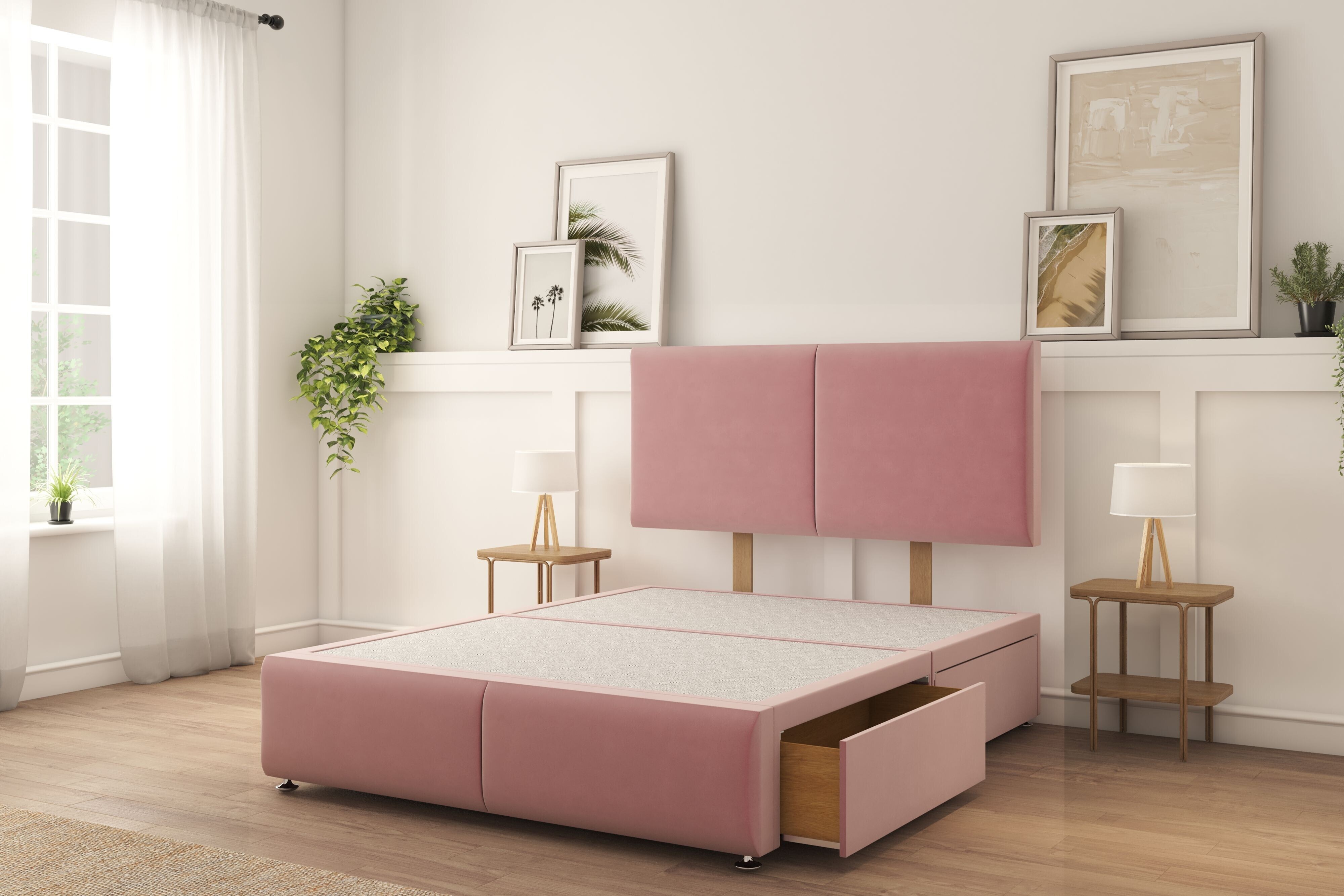 Sloomy Vienna Pink Plush Divan Bed Base 2 Drawers Foot-End With 26" Strutted Headboard & 12" Footboard 4'6 Double