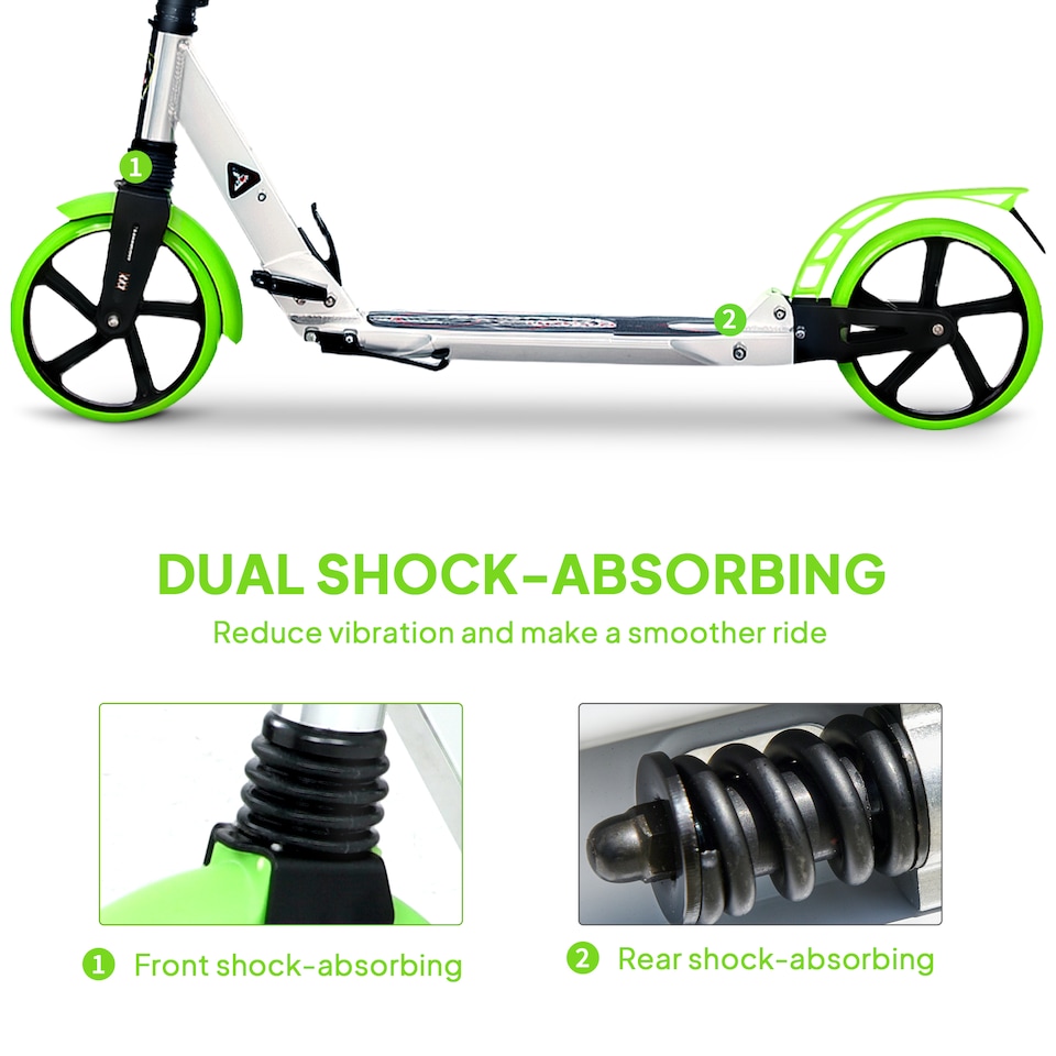 image 1 of HOMCOM Folding Kick Scooter, Adjustable Ride On Scooter with 200mm Big Wheels and Double Shock Absorption, Urban Scooter for 14 older Teens Adult, Green | Green | Green | 94L x 38W x 90-105H cm