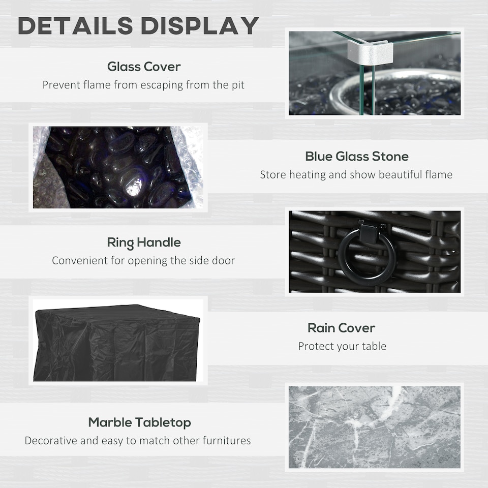 image 1 of Outsunny Outdoor PE Rattan Gas Fire Pit Table, Patio Square Propane Heater with Marble Desktop, Rain Cover, Glass Windscreen, and Glass Stones, 50,000 BTU, Black
