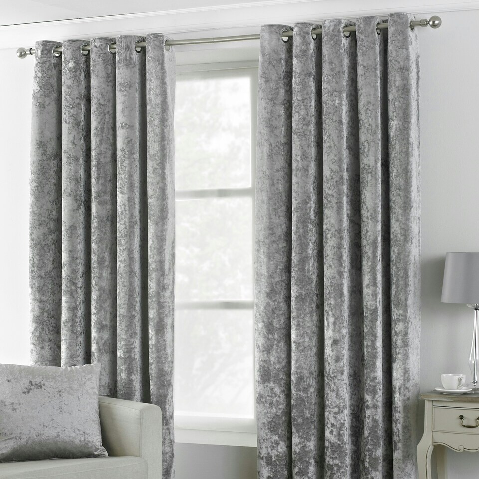 image 1 of Paoletti Verona Crushed Velvet Silver Eyelet Curtains 229 x 137cm