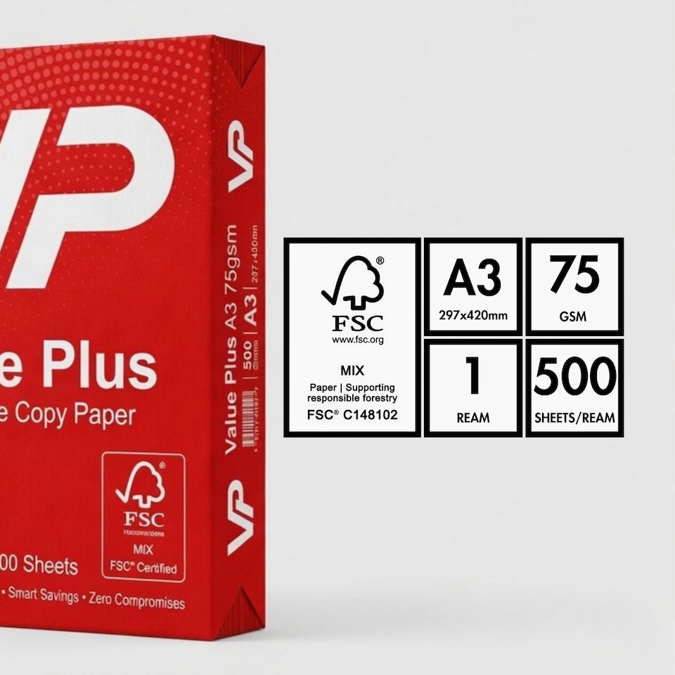 image 1 of A3 Multipurpose Copy Paper 75gsm – 500 Sheets (1 Ream) for Printing & Copier Use, for A3 Printer Paper for Home & Office, High Quaity Printing Paper, Compatible with Laser, Copy, Inkjet.