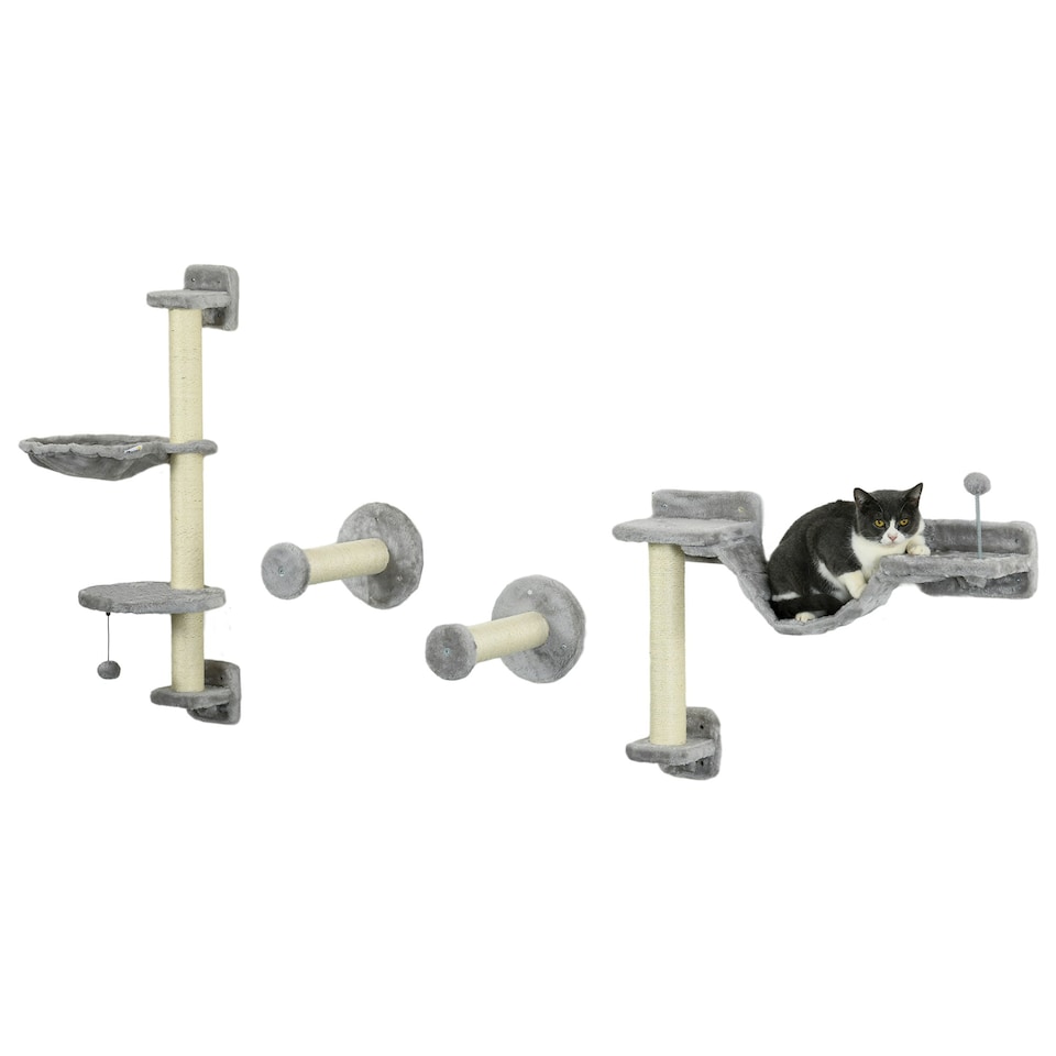 image 1 of PawHut 4Pcs Wall Mounted Cat Shelves with Hammock, Scratching Post, Grey
