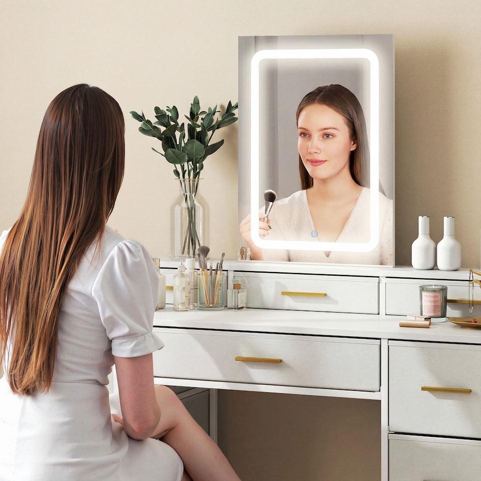 image 1 of HOMCOM Dressing Table with LED Lighting Mirror and 10 Drawers, White | Black