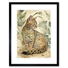 Spotted Fur Coat Bengal Cat Nature Pastel Watercolour 9x7" Black Framed Wall Art Print