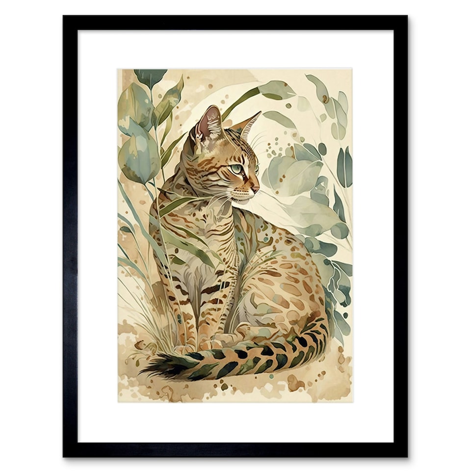 image 1 of Spotted Fur Coat Bengal Cat Nature Pastel Watercolour 9x7" Black Framed Wall Art Print