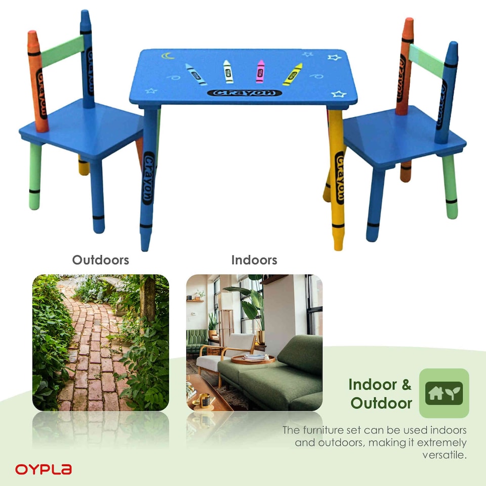 image 1 of Childrens Wooden Crayon Table and Chairs Set Kids Room Furniture