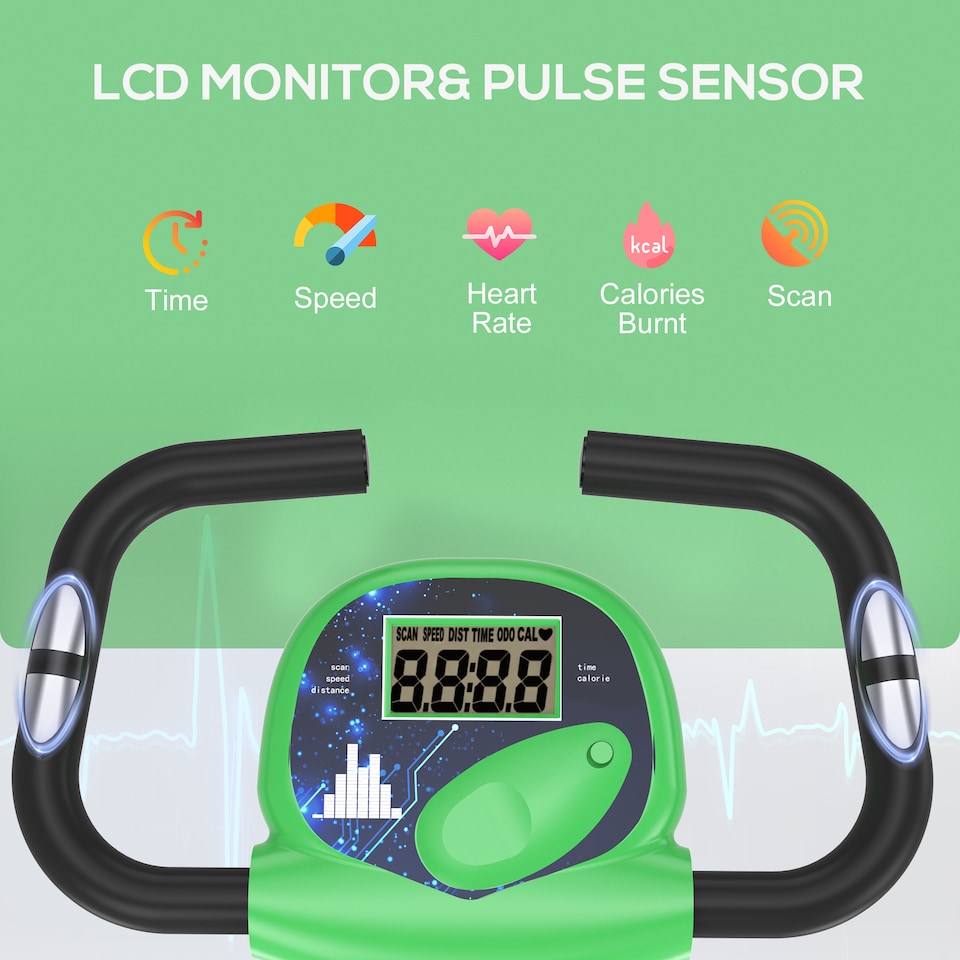 image 1 of HOMCOM Folding Exercise Bike, Fitness Bicycle Indoor Trainer, 8-Level Magnetic Resistance Adjustable, with LCD Monitor, Pulse Sensor, Green