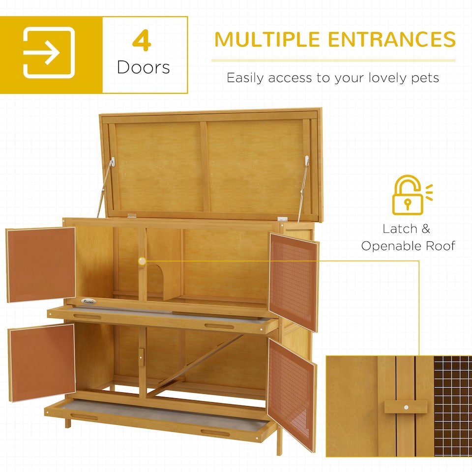 image 1 of PawHut Rabbit Hutch, Double Decker Cage w/ Roof, Divider, Ramp, Yellow