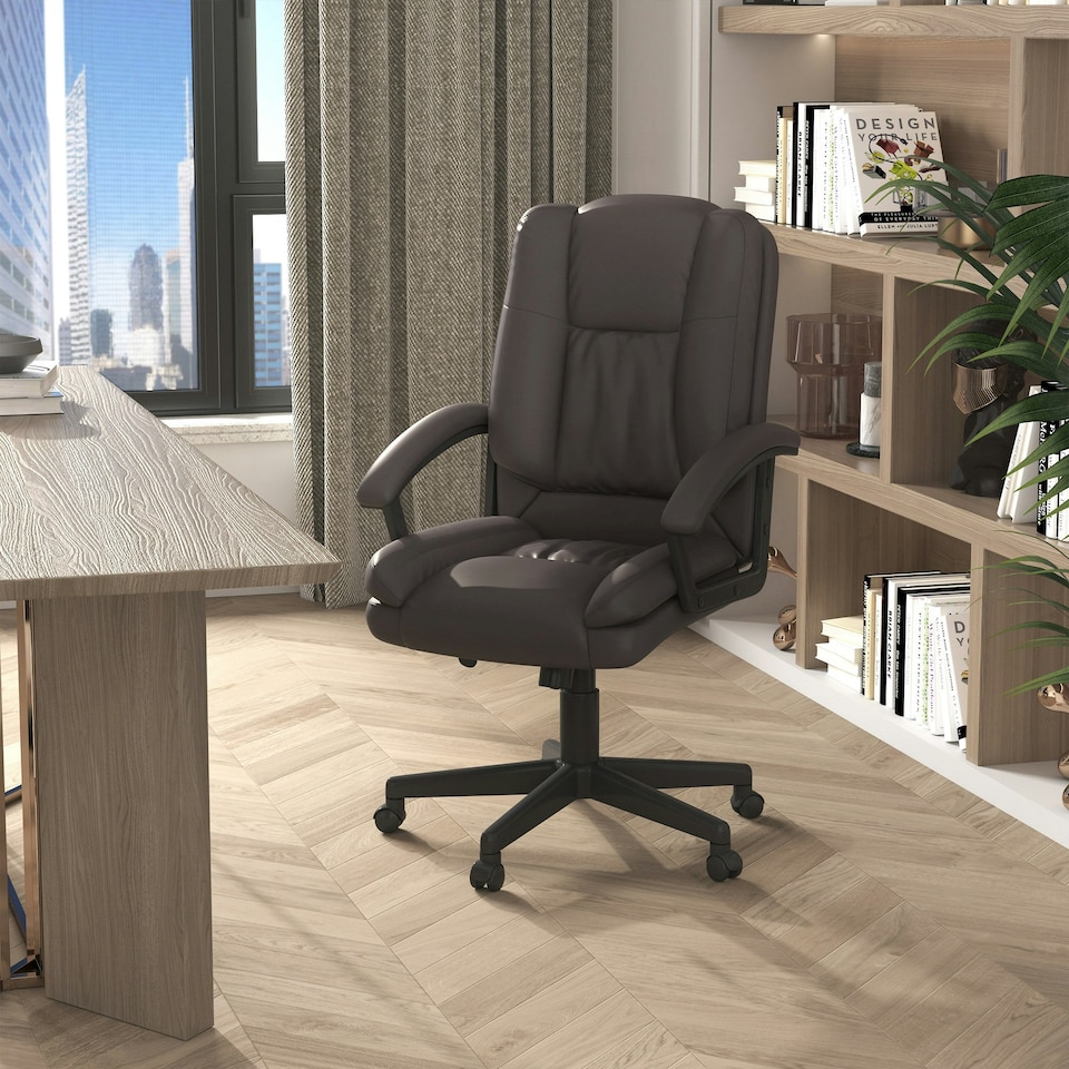 image 1 of HOMCOM Swivel Executive Office Chair Mid Back PU Leather Chair w/ Arm, Brown