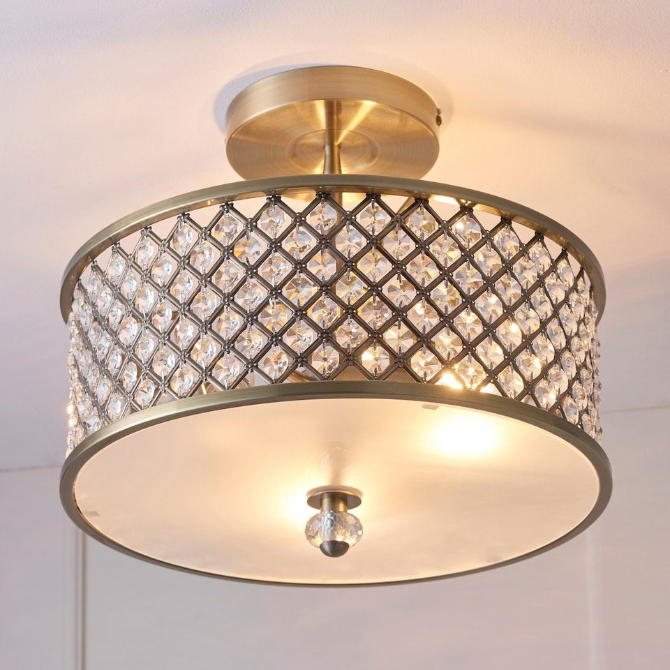 image 1 of Hudson 3 Light Flush Ceiling Light Antique Brass, Crystal, E27