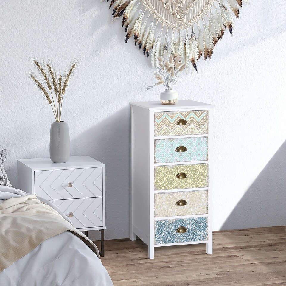 image 1 of HOMCOM Storage Chest Unit Dresser 5 Drawer Retro Style Wood White Entryway