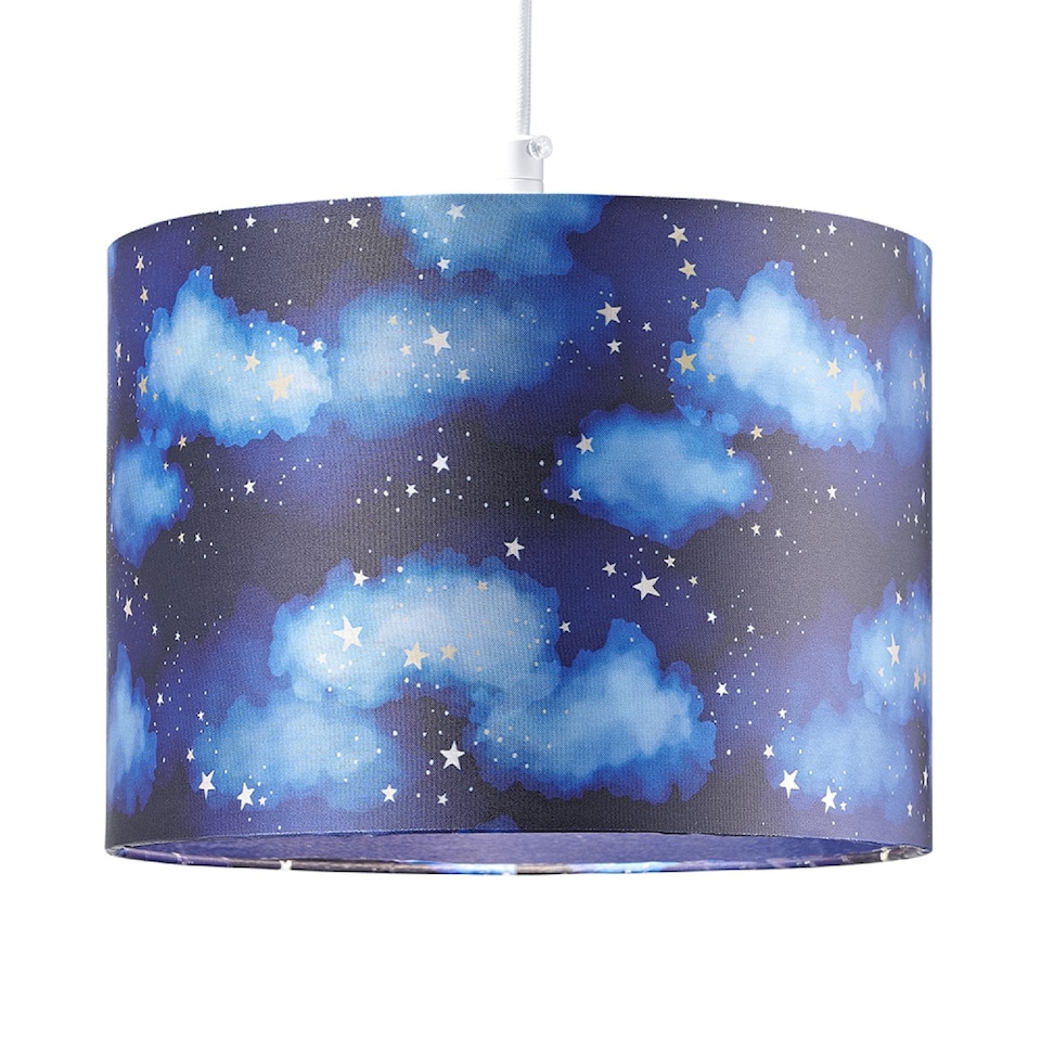 image 1 of Modern Navy Blue Childrens Lamp Shade with Bright Gold Stars and White Clouds | Blue | Midnight Blue | 1