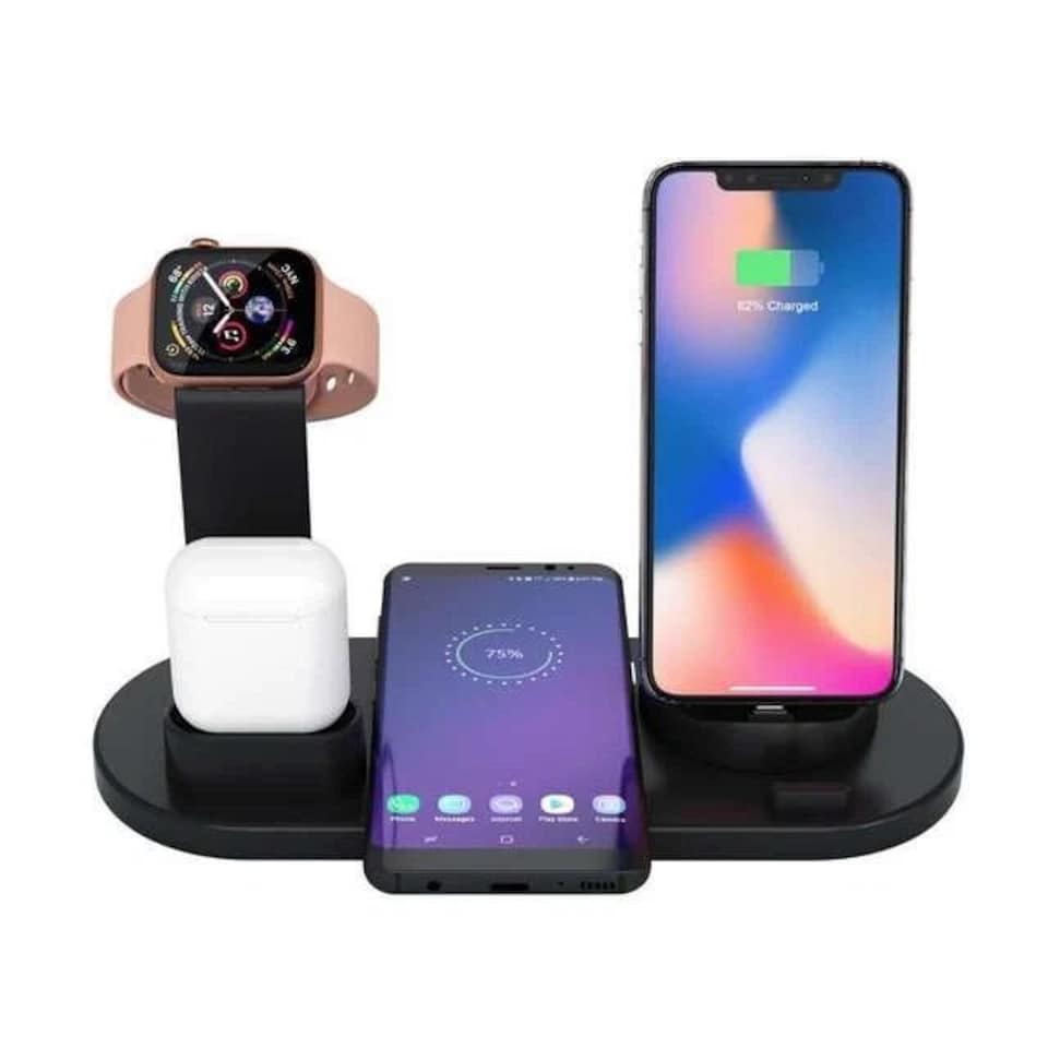 image 1 of 4 in 1 Black Wireless Charger Stand for iPhone, AirPods & Apple Watch