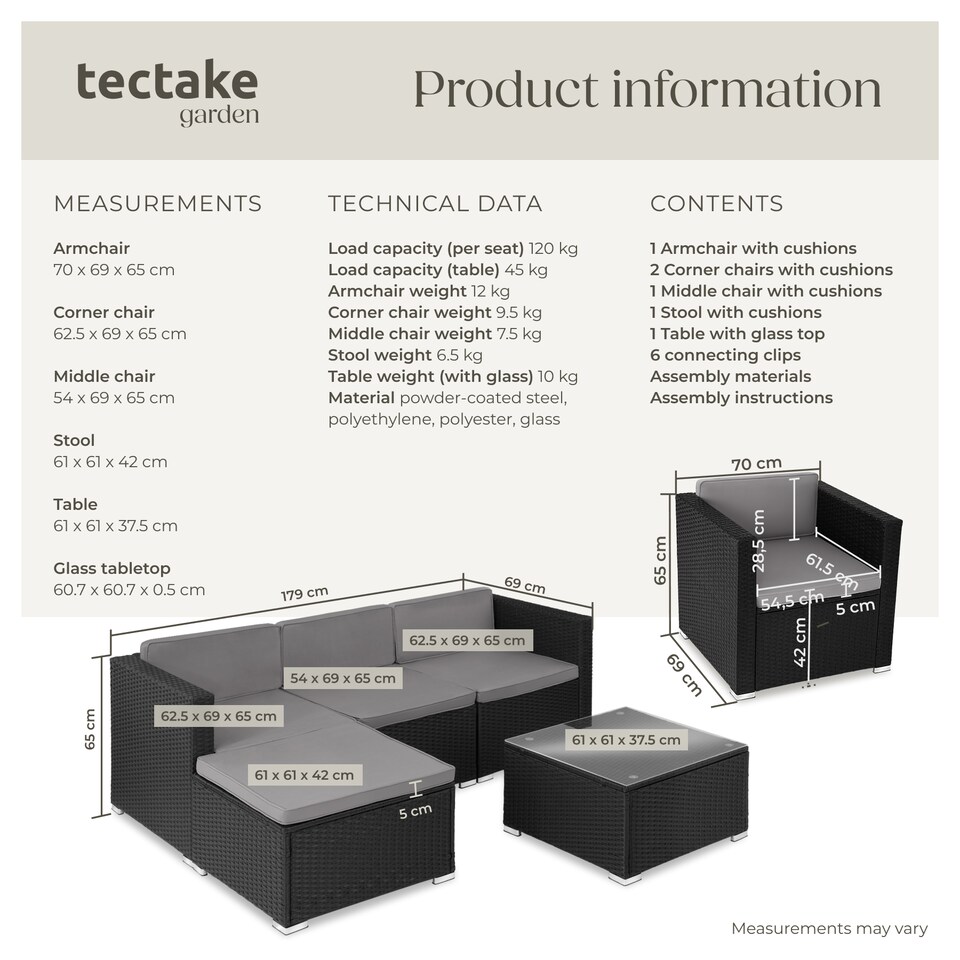 image 1 of Garden Furniture Set Lignano - modular sofa with armchair, stool, coffee table | Black | black | 179 x 150 x 65 cm | 1