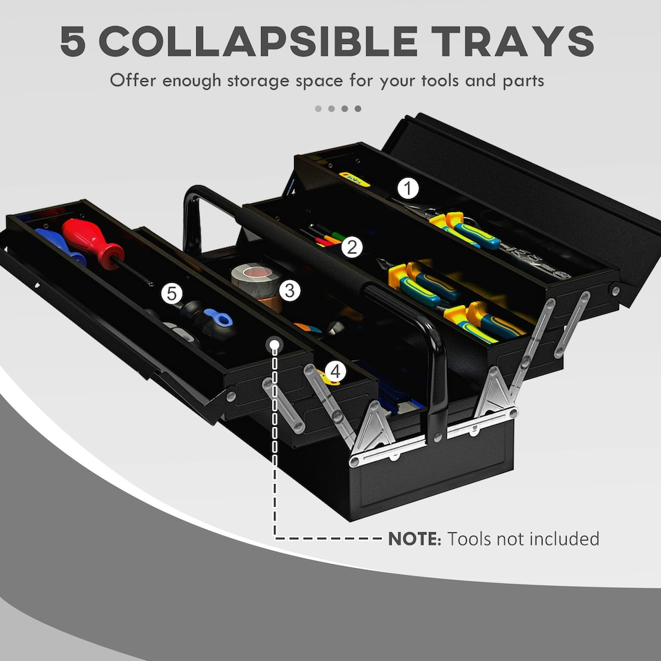 image 1 of DURHAND 3 Tier Metal Toolbox with 5 Tray Carry Handle 56cmx20cmx34cm Black Black | Silver (hinges)