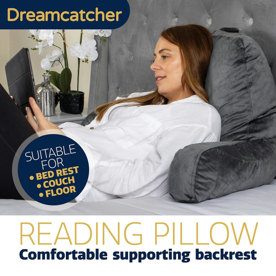 image 1 of Dreamcatcher Grey Reading Pillow Memory Foam Large Bed Cuddle Cushion, Gaming Cushion with Washable Velvet Cover | Grey | Grey | Large | 1