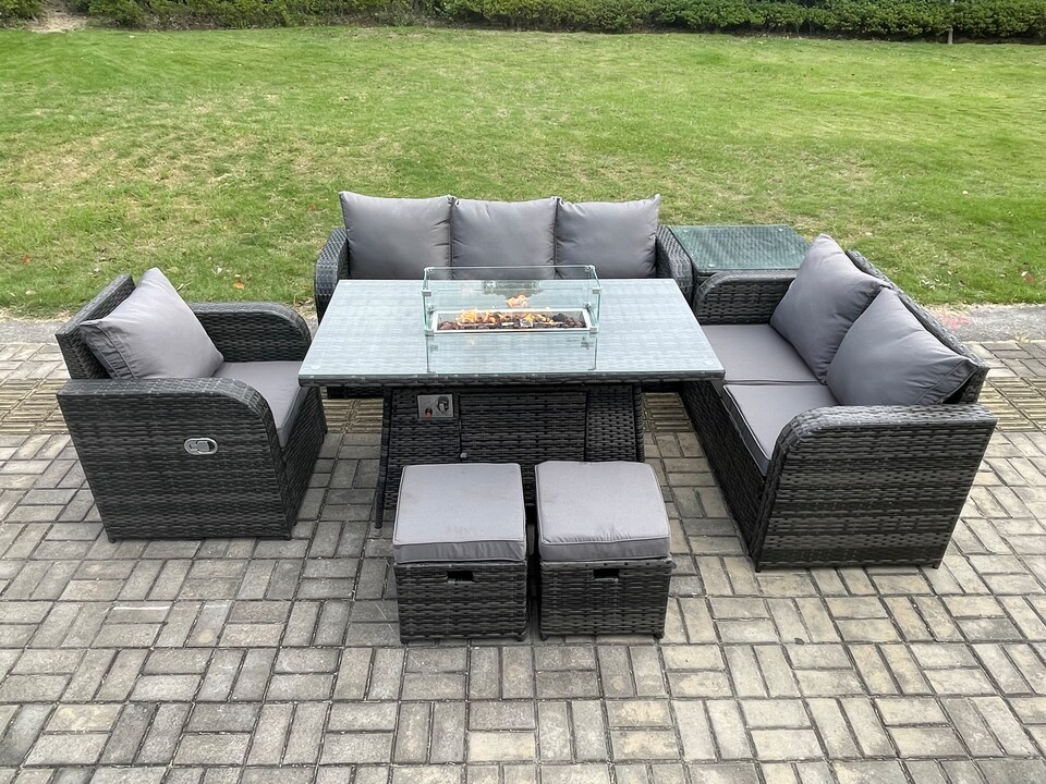 image 1 of Fimous Garden Patio Furniture Wicker Rattan Gas Fire Pit Table and Sofa Chair set with Side Table 2 Small Footstools