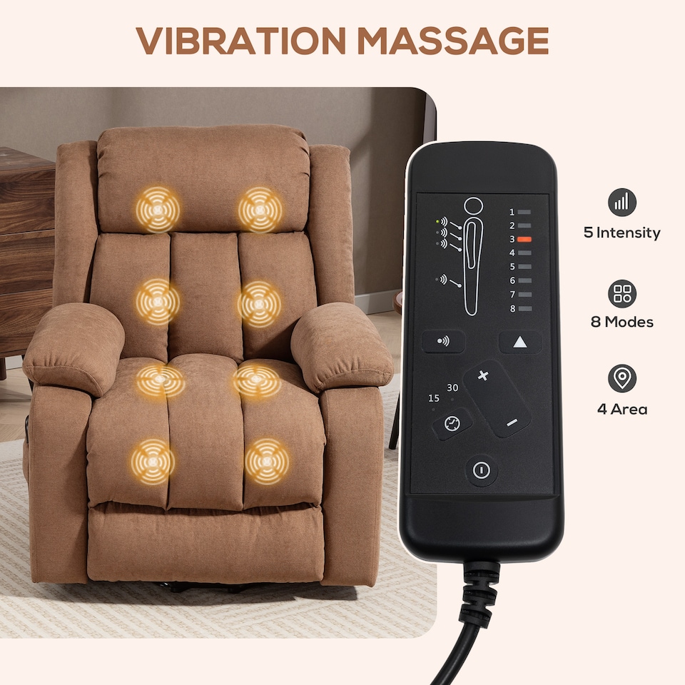 image 1 of HOMCOM Power Lift Recliner Chair with Massage, Linen Overstuffed Lift Chair for Elderly, Electric Recliner Armchair with Footrest, Remote Control and Side Pocket, for Living Room, Brown | Brown | Brown