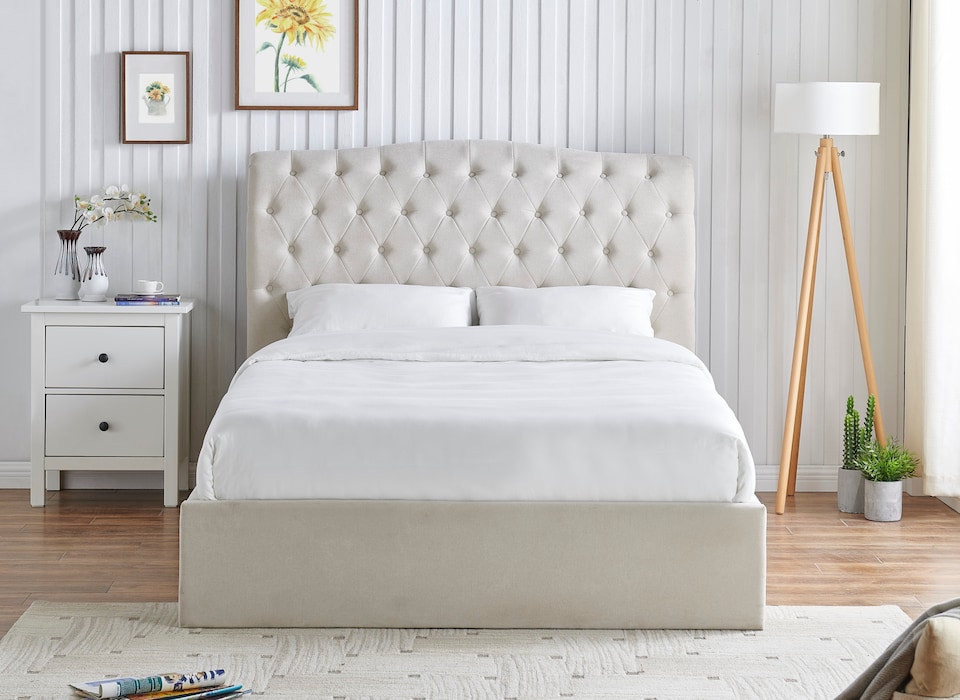 image 1 of 4ft6 Double Ottoman gas liftup storage bed frame,fabric upholstered, natural beige,buttoned back,curved bed frame,bedstead