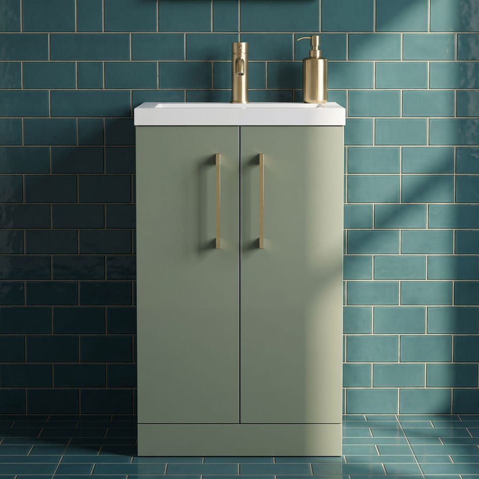 image 1 of Balterley Level Compact Bathroom Cloakroom Vanity Basin Unit with Polymarble Basin, Handles | Green | Satin Green | 840 x 503 x 353mm